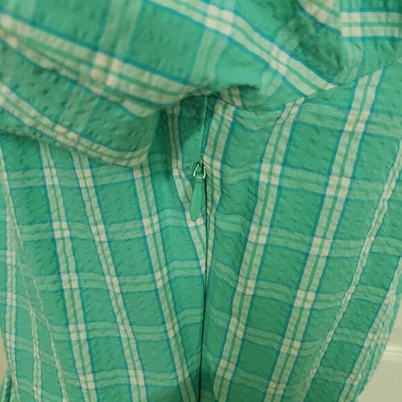 J Crew Factory Seersucker Ruffleneck Mini Dress Womens Size 6 Aqua Plaid Cotton - Picture 5 of 15